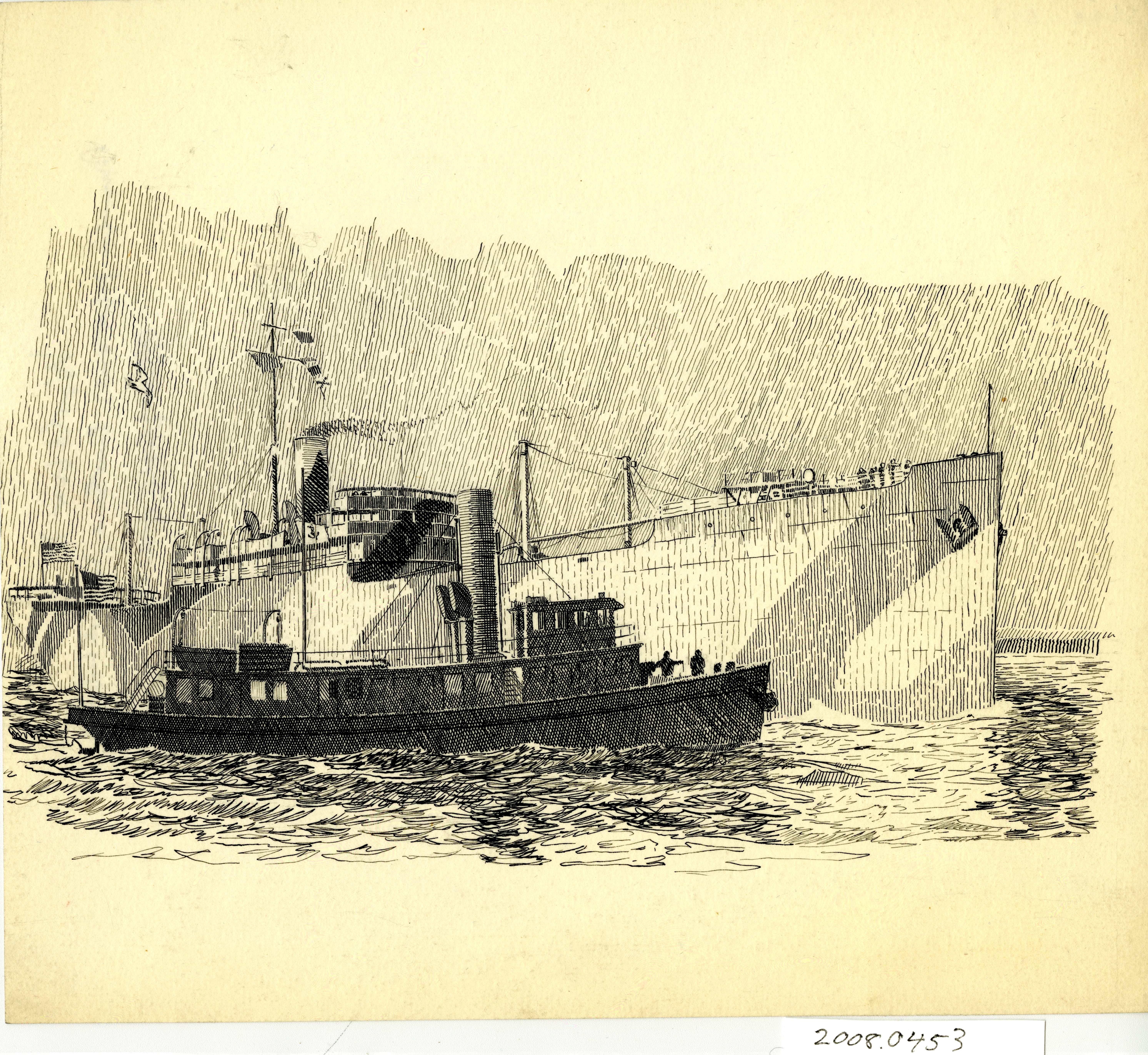 Sketch of a tugboat moving a World War I munitions ship in New York Harbor. (Coast Guard Collection) Sketch of a tugboat moving a World War I munitions ship in New York Harbor. (Coast Guard Collection)